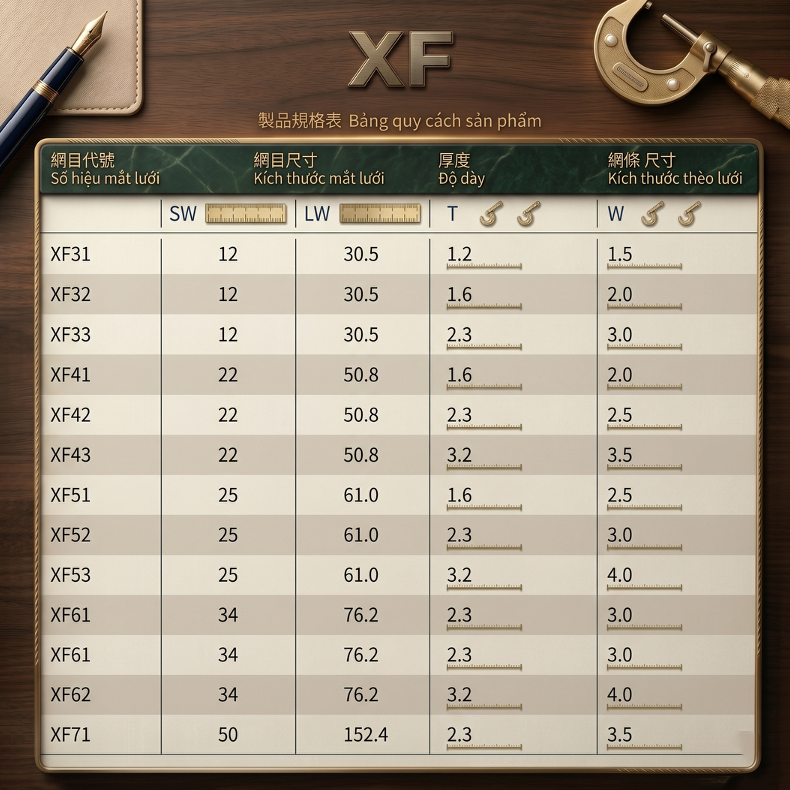 quy cách lưới tiêu chuẩn xf