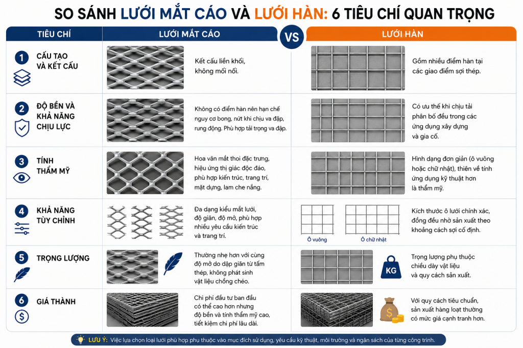 Bảng so sánh nhanh lưới mắt cáo và lưới hàn